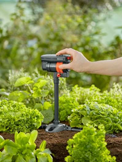 'A hand adjusts a garden watering system among green plants, illustrating irrigation equipment use in gardening.'