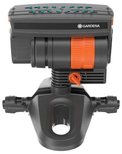 An automatic garden irrigation computer with a black casing and orange accents for controlling water supply.