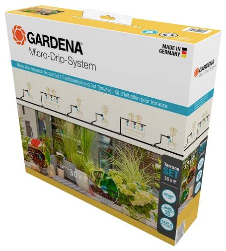 Packaging for Gardena Micro-Drip-System, illustrating terrace irrigation setup with plants. Contains 'Made in Germany' label.