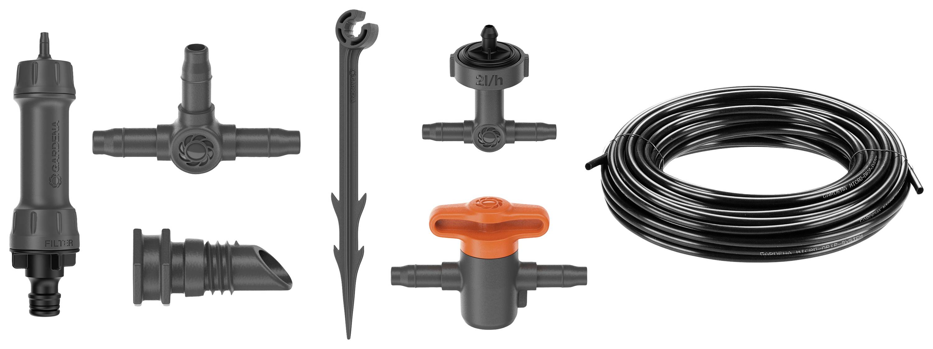 A set of irrigation components: drip distributor, T-piece, hose connector, regulating valve, spike, hose reel. Ideal for garden irrigation systems.