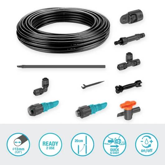 Irrigation system kit shown with various components including hose, nozzles, and connectors. Icons indicate features like quick setup and 13mm size.