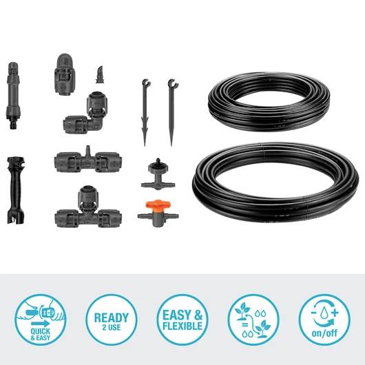 Garden irrigation kit showing various connectors, hoses, and drippers. Includes icons indicating ease of use, flexibility, and water-saving features.