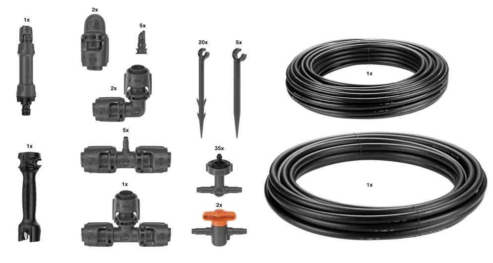 'Irrigation kit components: connectors, stakes, tubing. Includes 35 connectors, 20 stakes, and large coiled tubing sections for garden use.'