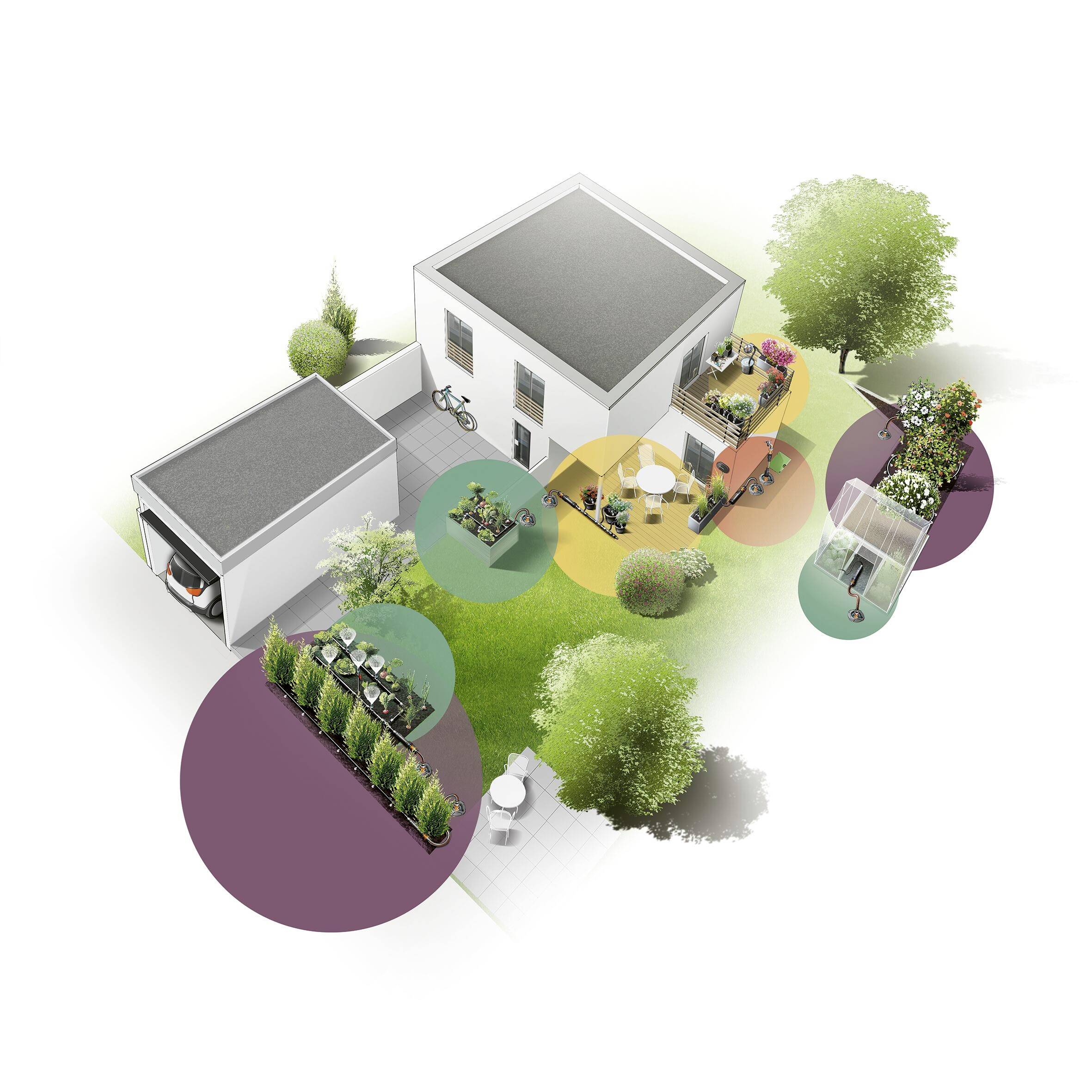 A modern house with garden areas, including seating spaces, plants and trees. The focus is on the surrounding landscape design.