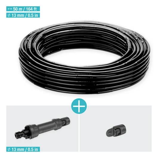 '50 m / 164 ft, 13 mm / 0.5 in irrigation hose' coiled above images of a connector and an end cap for the hose.