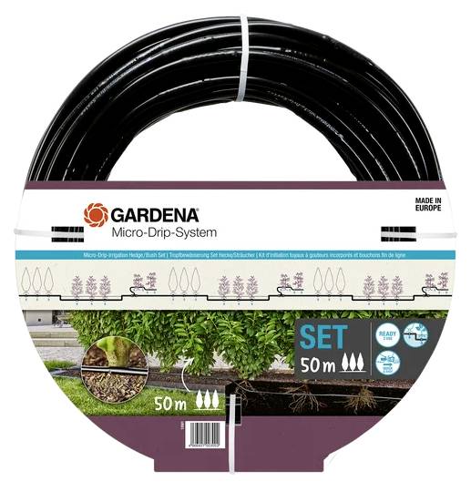 A circular package of 'Gardena Micro-Drip-System' for irrigation, showing 50 meters of tubing, suitable for garden watering setups.