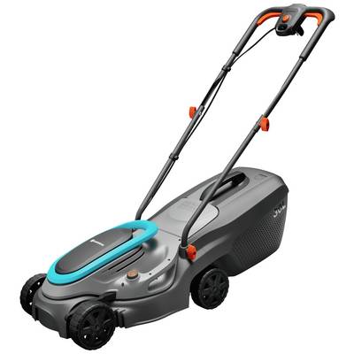 Electric lawn mower with a robust plastic casing and ergonomic handle.