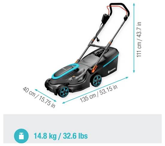 Electric lawn mower; dimensions: 135 cm x 40 cm x 111 cm. Weight: 14.8 kg.