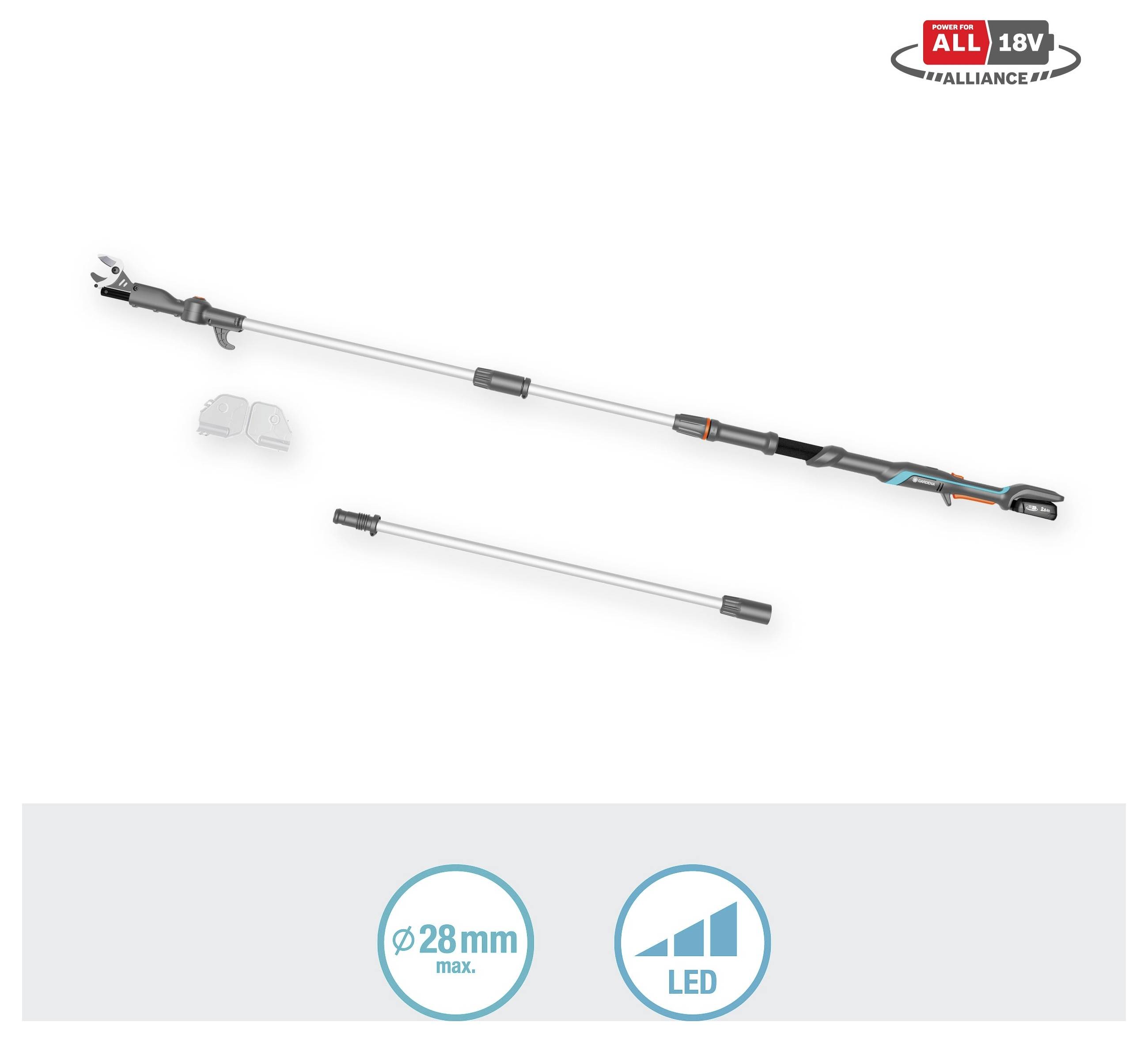 A cordless, extendable garden tool with cutting attachments, handle, and LED indicator. Labeled 'ALLIANCE 18V' with icons for 28mm cutting capacity and LED.