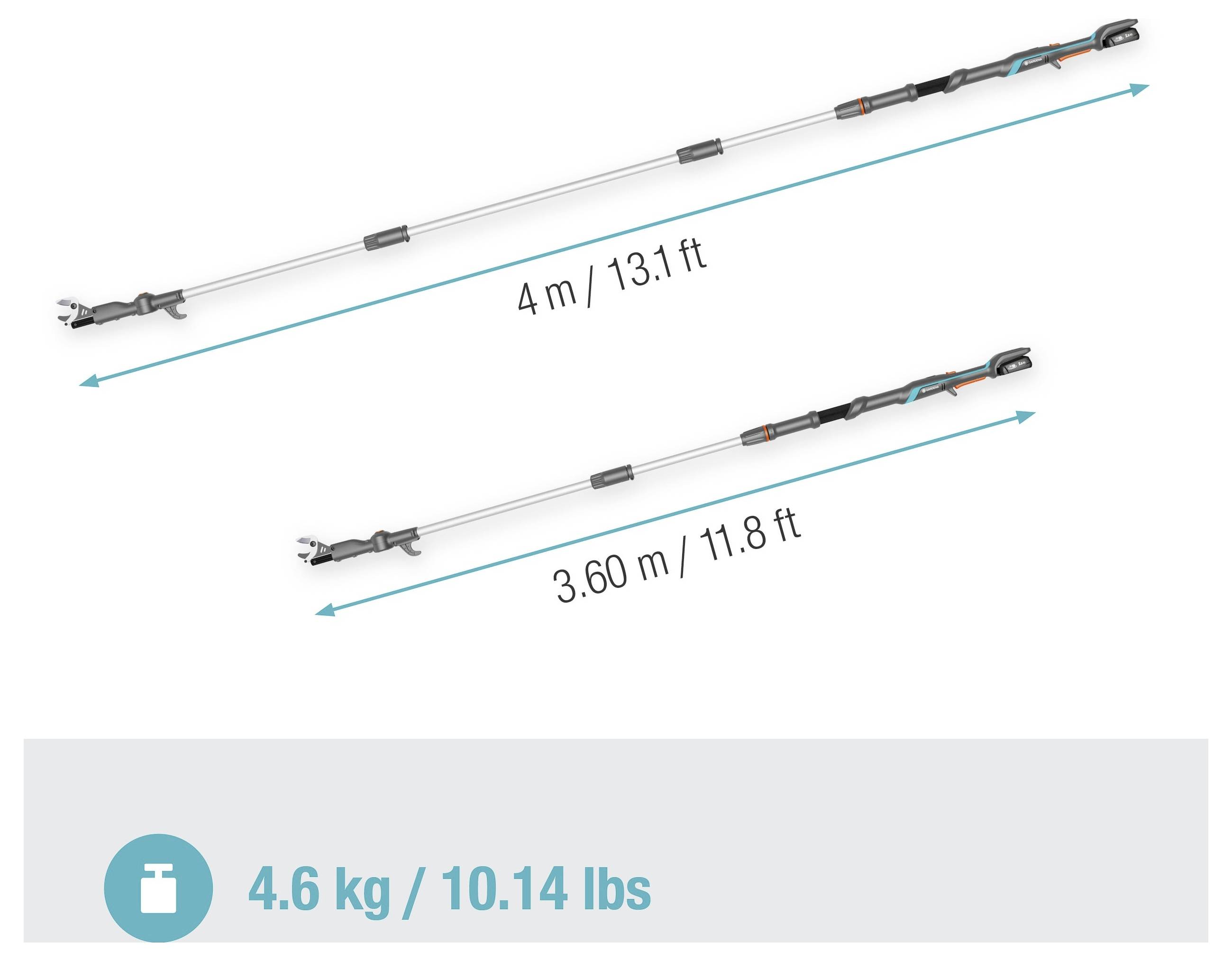 Two telescopic poles shown, one 4 m (13.1 ft) and the other 3.6 m (11.8 ft). Weight: 4.6 kg (10.14 lbs).