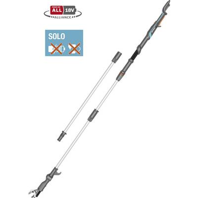A telescopic garden pruner with an adjustable handle, labeled '18V' and 'Solo,' featuring an image indicating no cord or battery included.