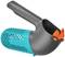 Hand trowel with integrated sieve and ergonomic handle, primarily in grey and turquoise, suitable for gardening work.