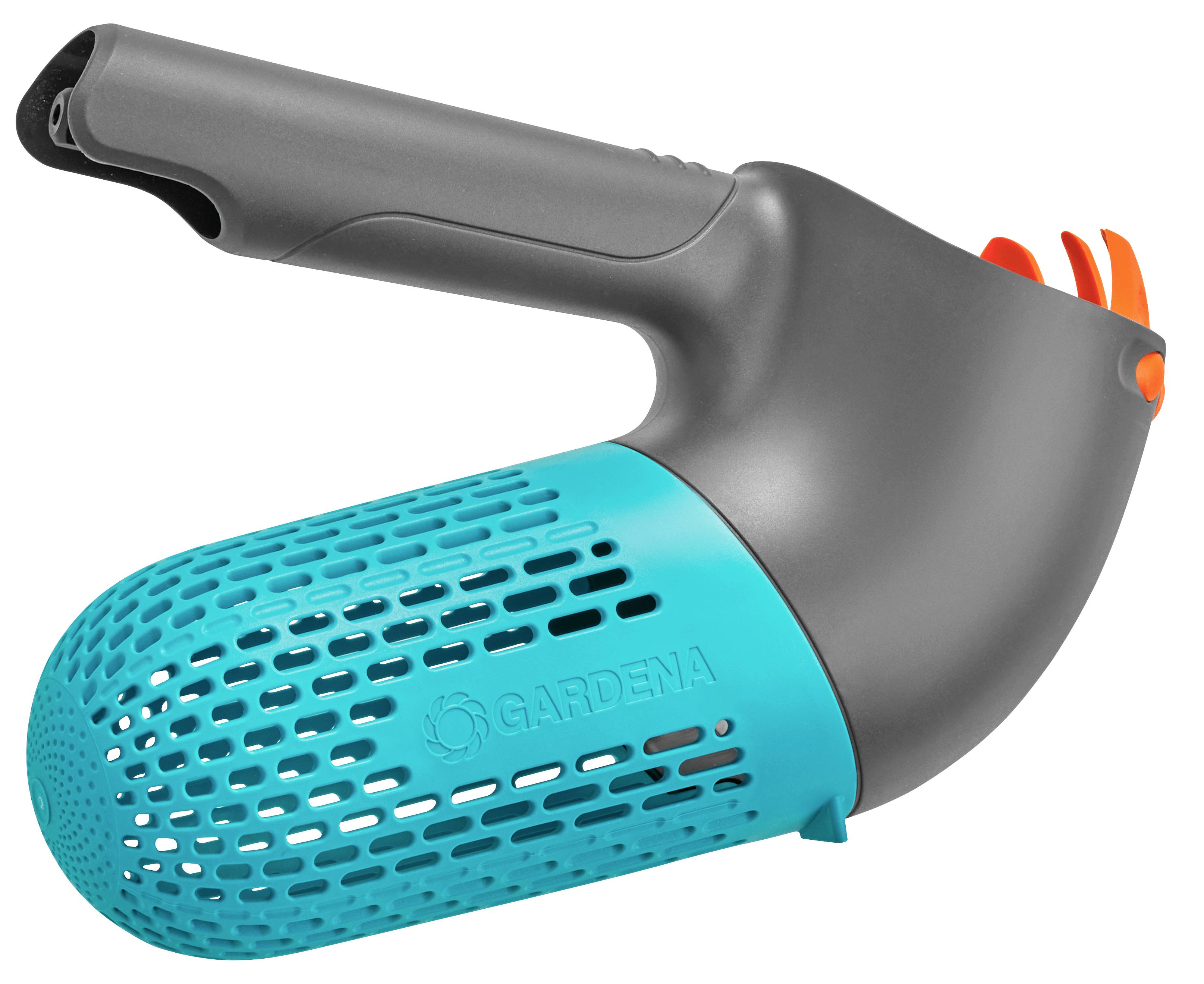 A grey and blue hand tool holder with storage basket and ergonomic handle, suitable for garden accessories.