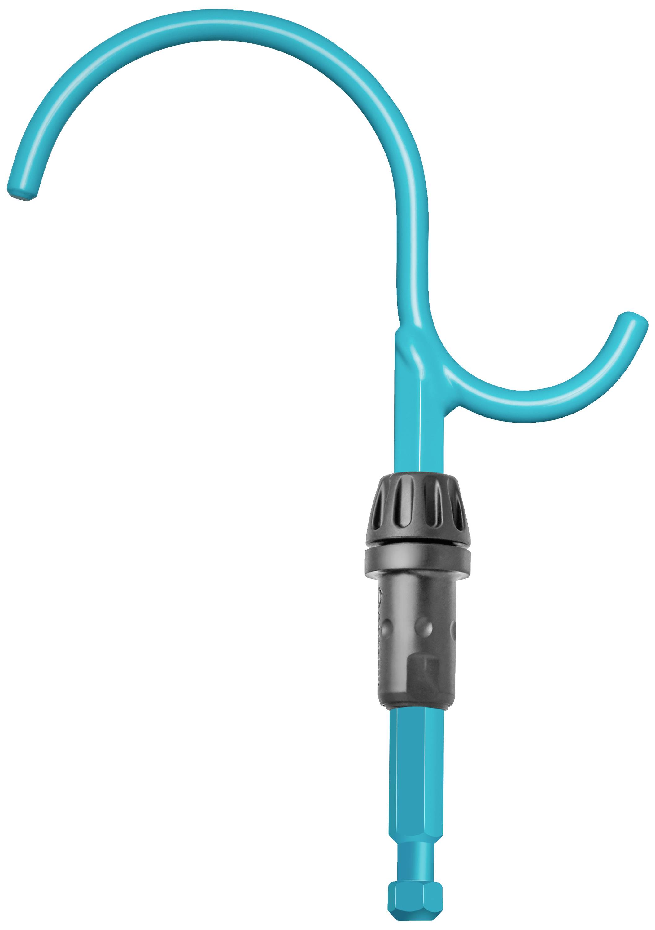 Blue, multi-functional hook with adjustable attachment, suitable for hanging or positioning objects in various ways.