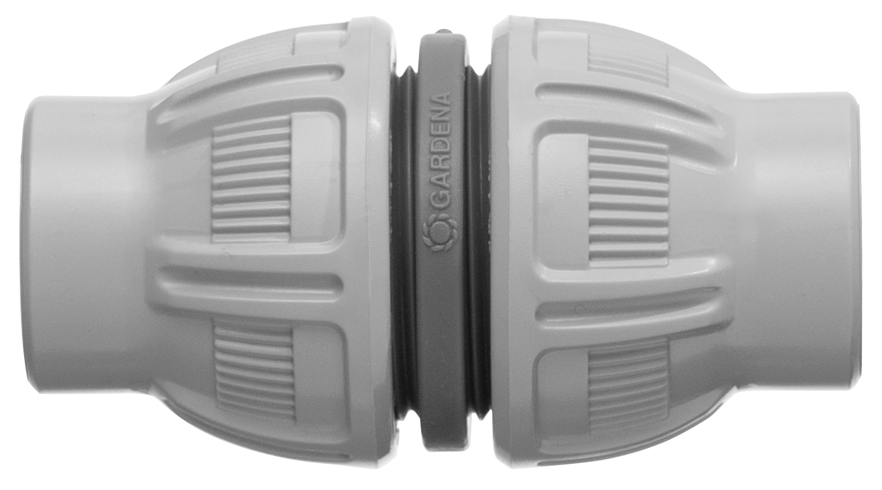 Garden hose connector in grey with textured handles and brand logo.