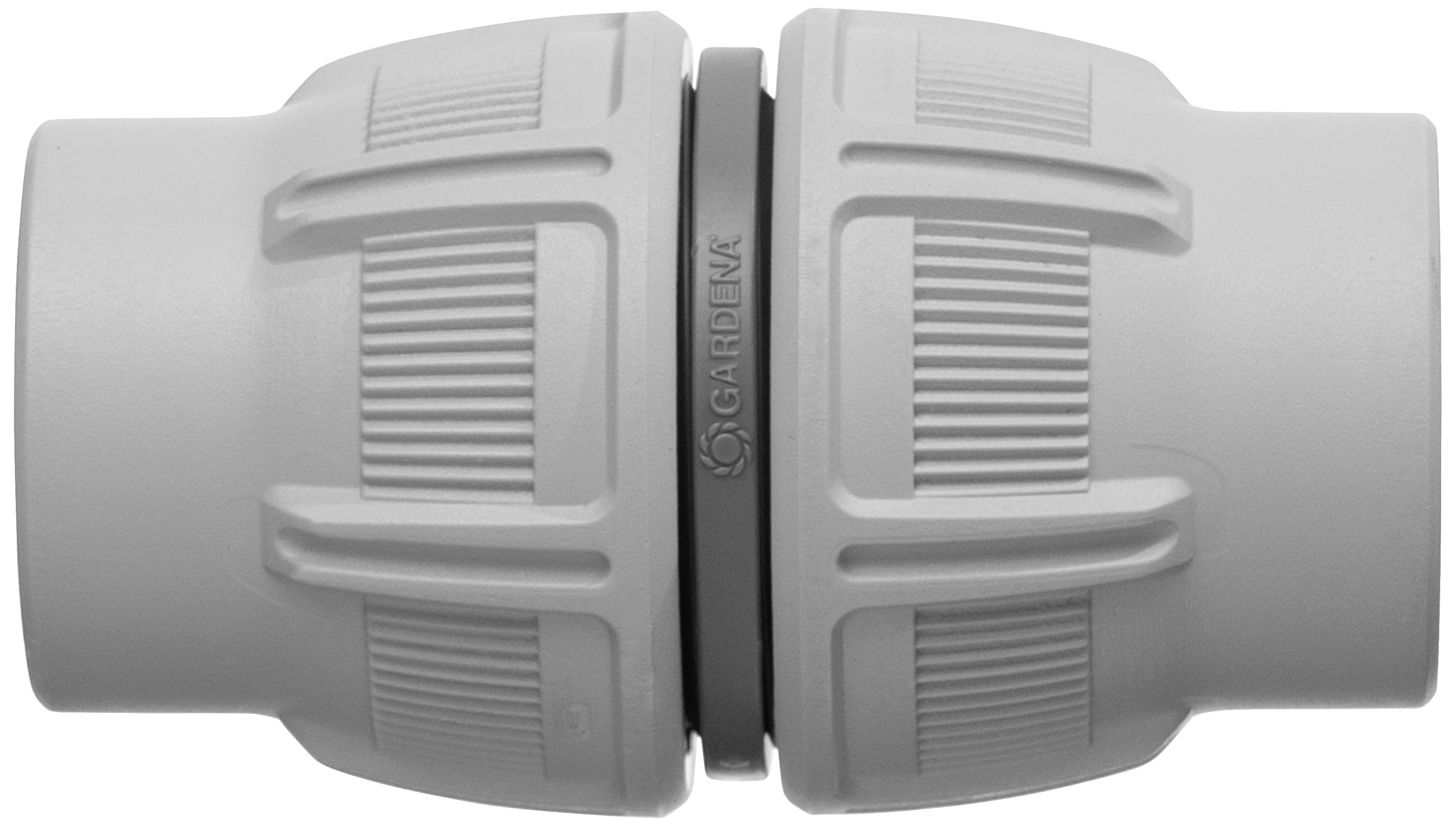 A grey garden hose coupling with a ribbed surface; connects two hose ends together.