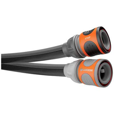 Two garden hose connectors, one marked with 'STOP', both in grey and orange. They are connected to each other.