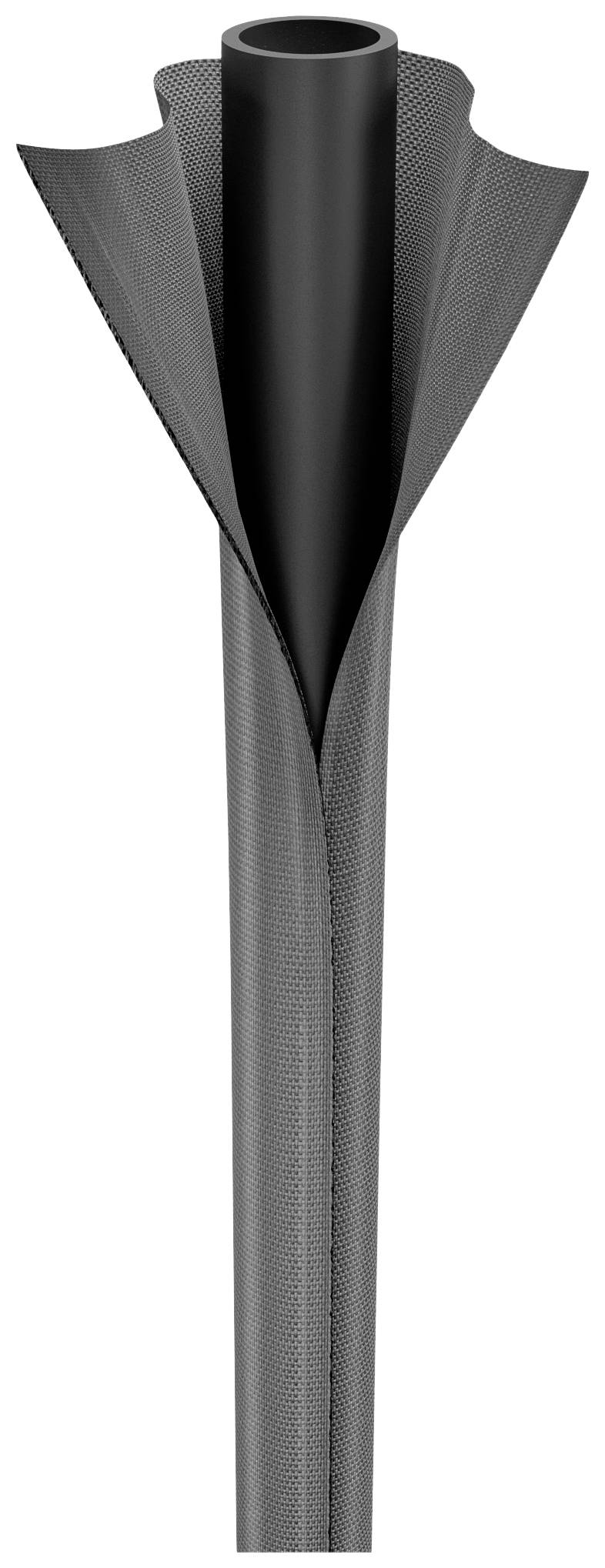 A grey, tubular object with open, wing-like sides that are symmetrically curved outwards.