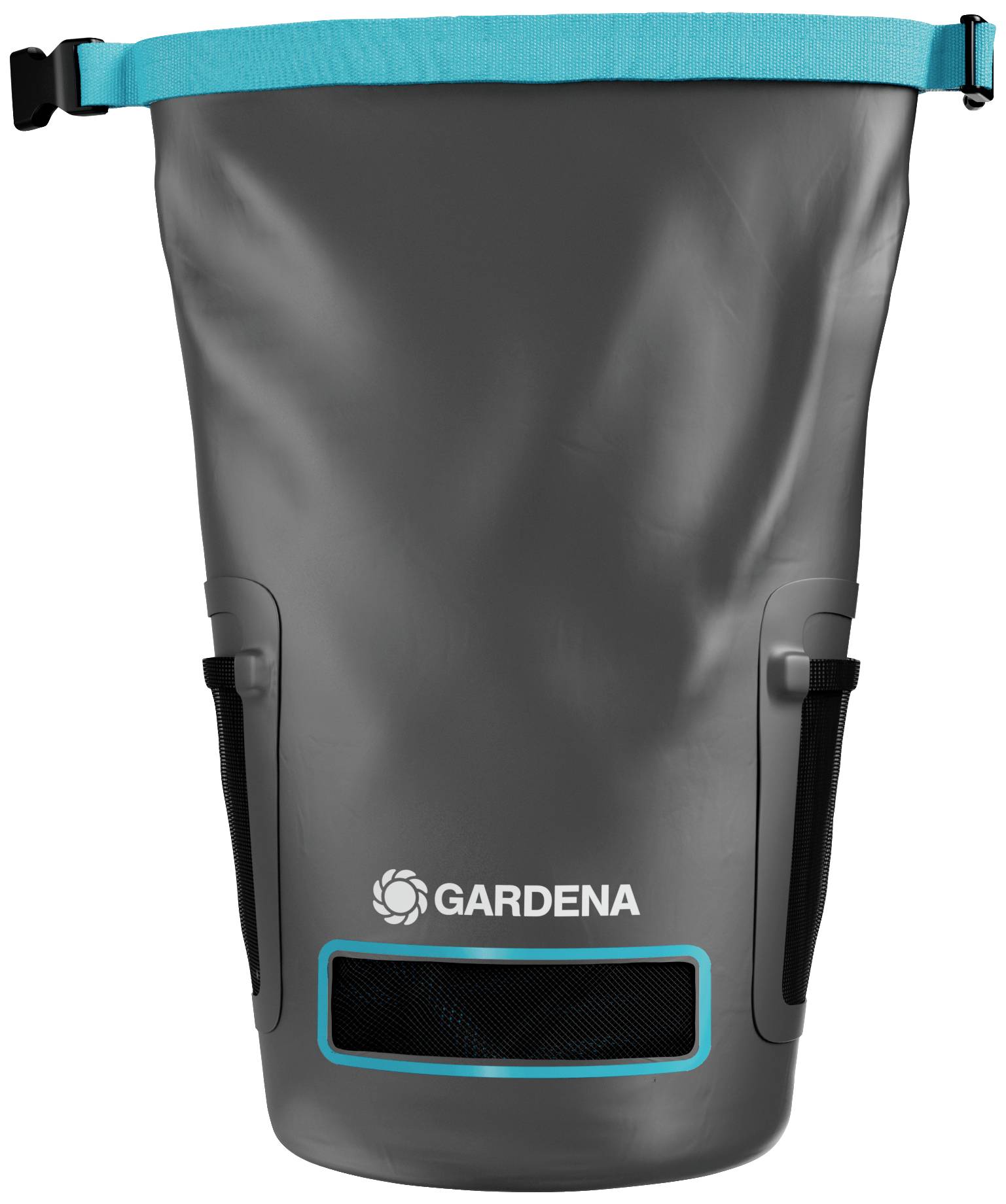 A grey Gardena garden bag with a blue trim, mesh pockets, and a carry handle at the top. Perfect for transporting gardening tools.