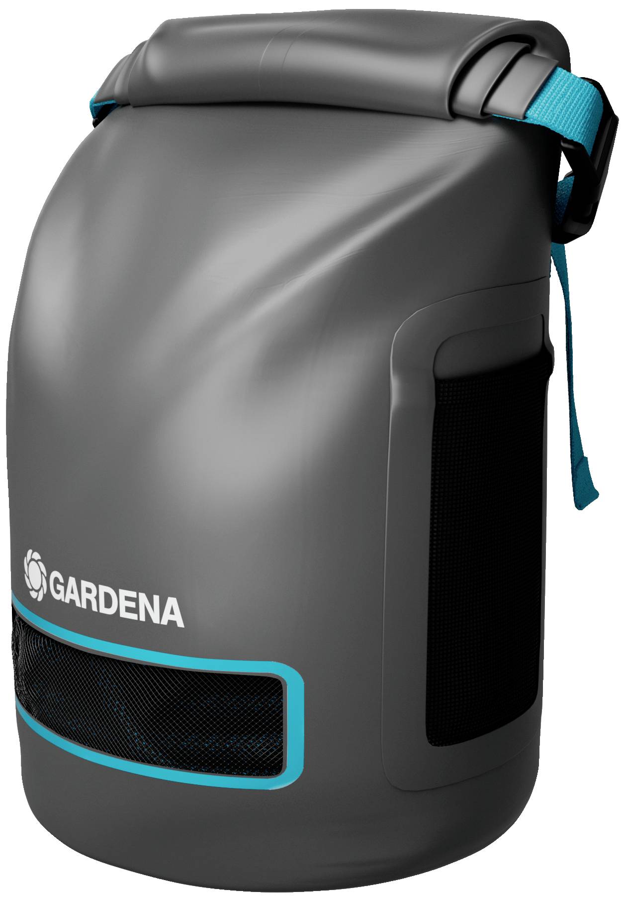 Waterproof, grey Gardena rucksack with blue accents, suitable for outdoor activities. Displays logo and side mesh pocket.