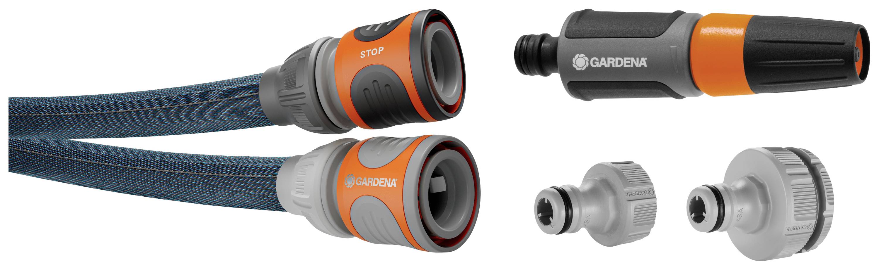 Garden irrigation set with two hoses and four connecting elements in grey and orange. 'Gardena' brand name on the parts.