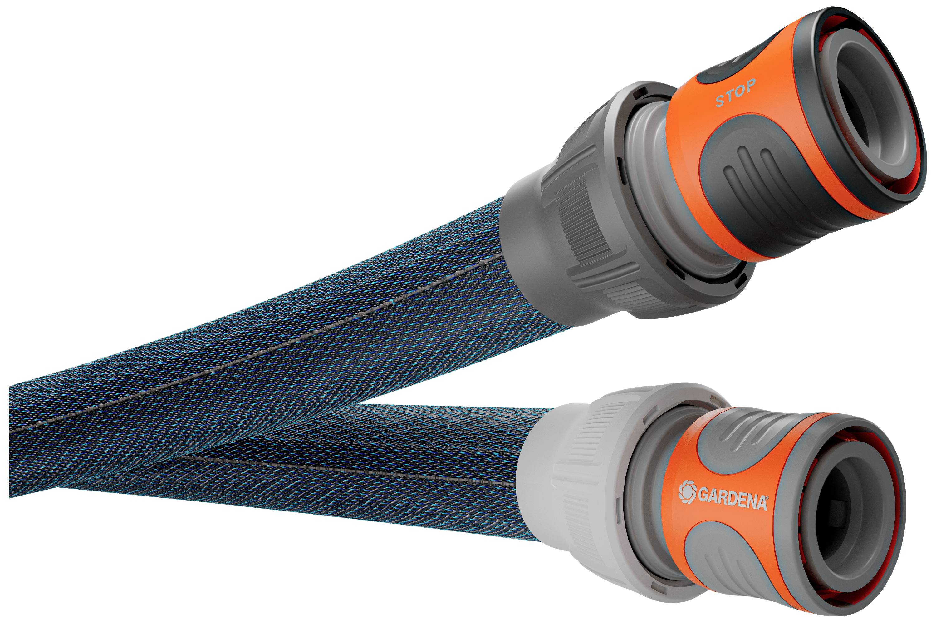 A navy-blue garden hose with two orange-grey couplings, one marked with 'STOP'. Suitable for irrigation systems.