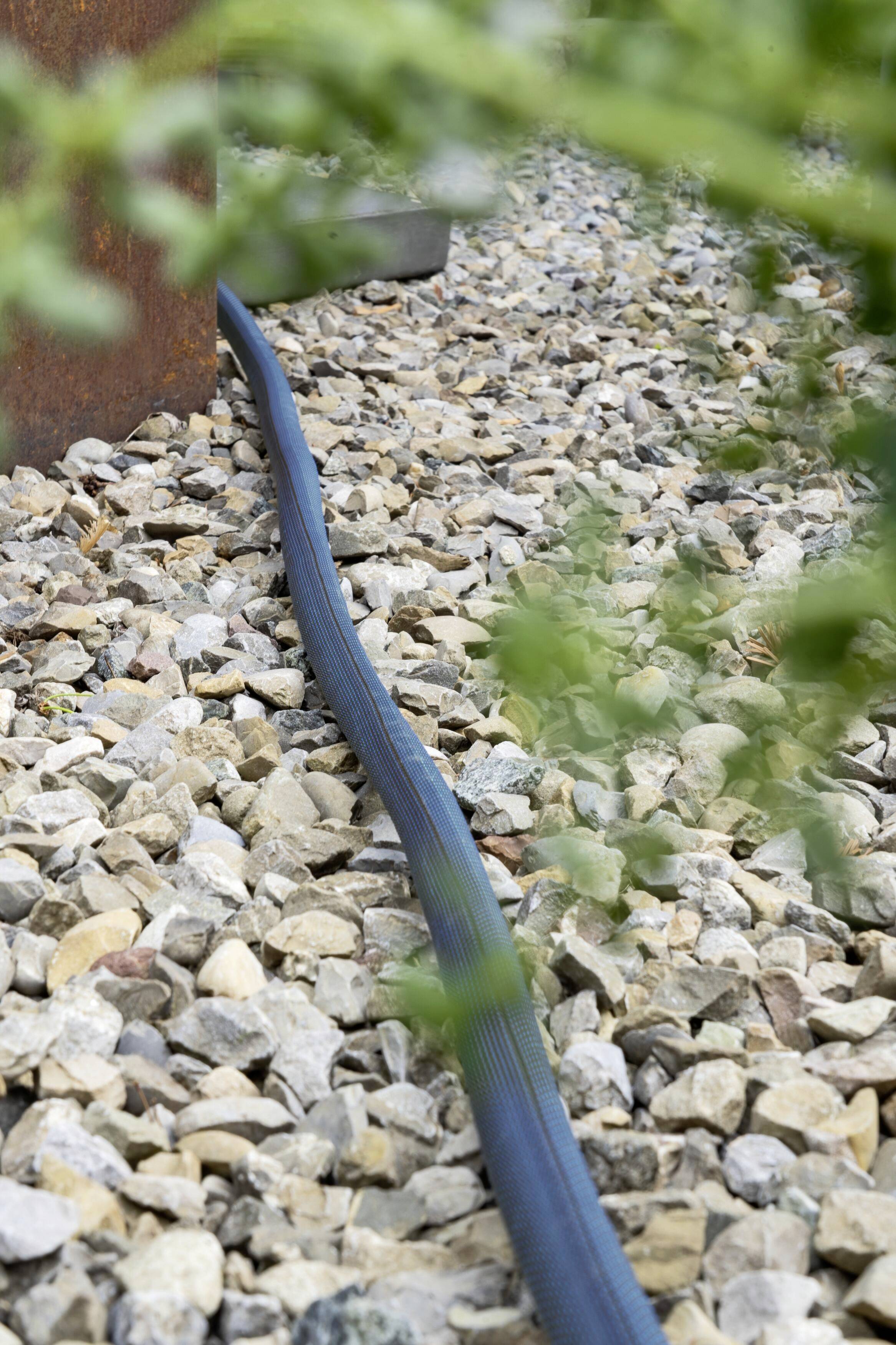 A black hose lies on a gravel path, surrounded by green plants. The hose runs diagonally across the image.