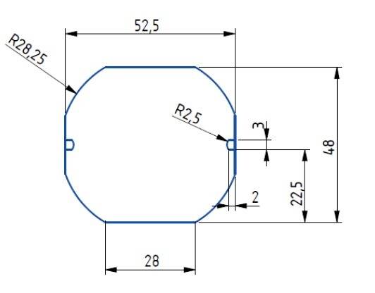 Technical drawing of an oval shape with dimensions: Width 52.5 mm, Height 48 mm. Including radii, distances and angles.