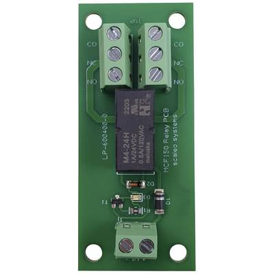 Electronic relay module on a green printed circuit board with multiple screw terminals and a black relay in the centre.