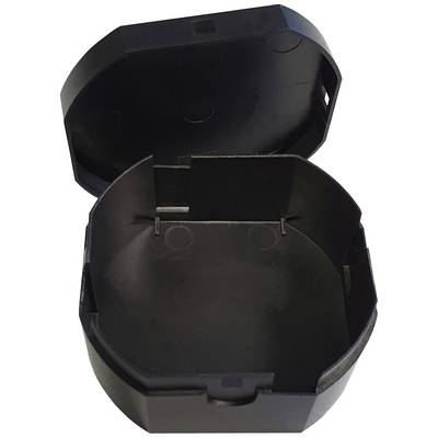 Black, open case, presumably for electrical connections or circuits, shows interior with specific mountings.