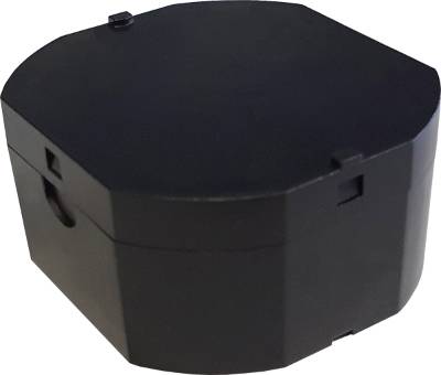 Black, hexagonal box with rounded corners.