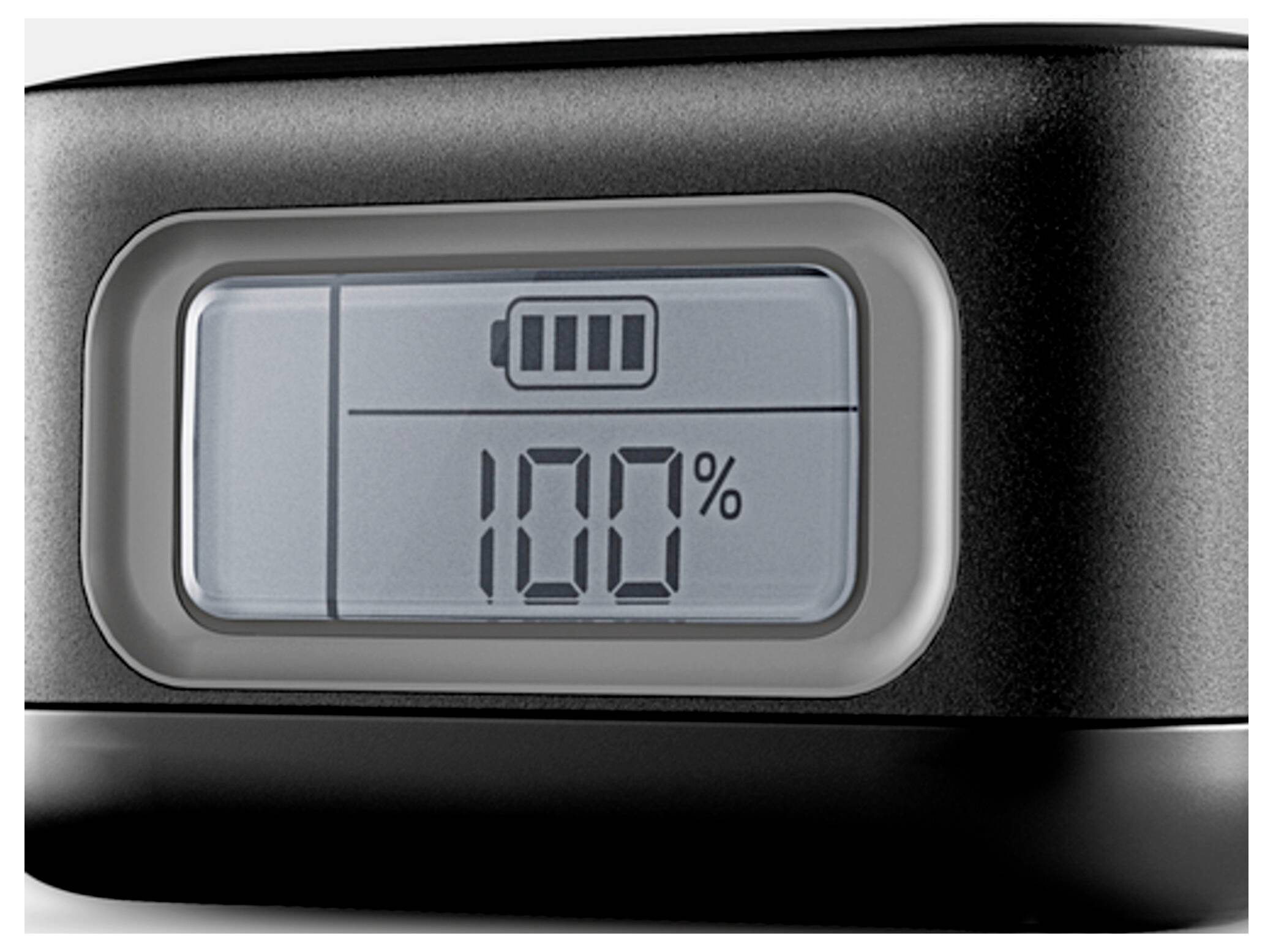 A digital display shows a battery icon and the number '100%', indicating a fully charged status.