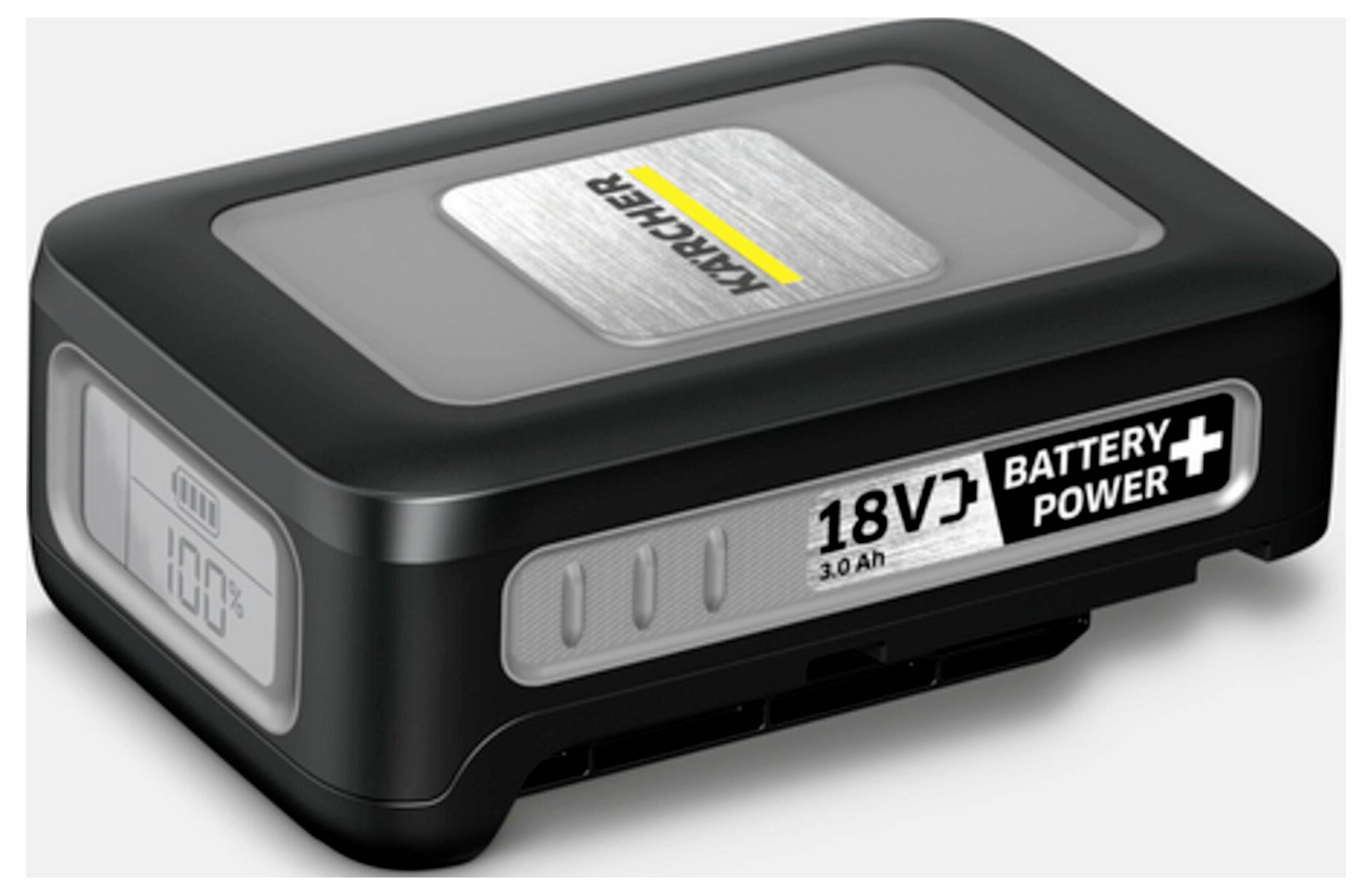 Compact black battery labeled '18V Battery Power 3.0 Ah' with digital display showing '100%'.