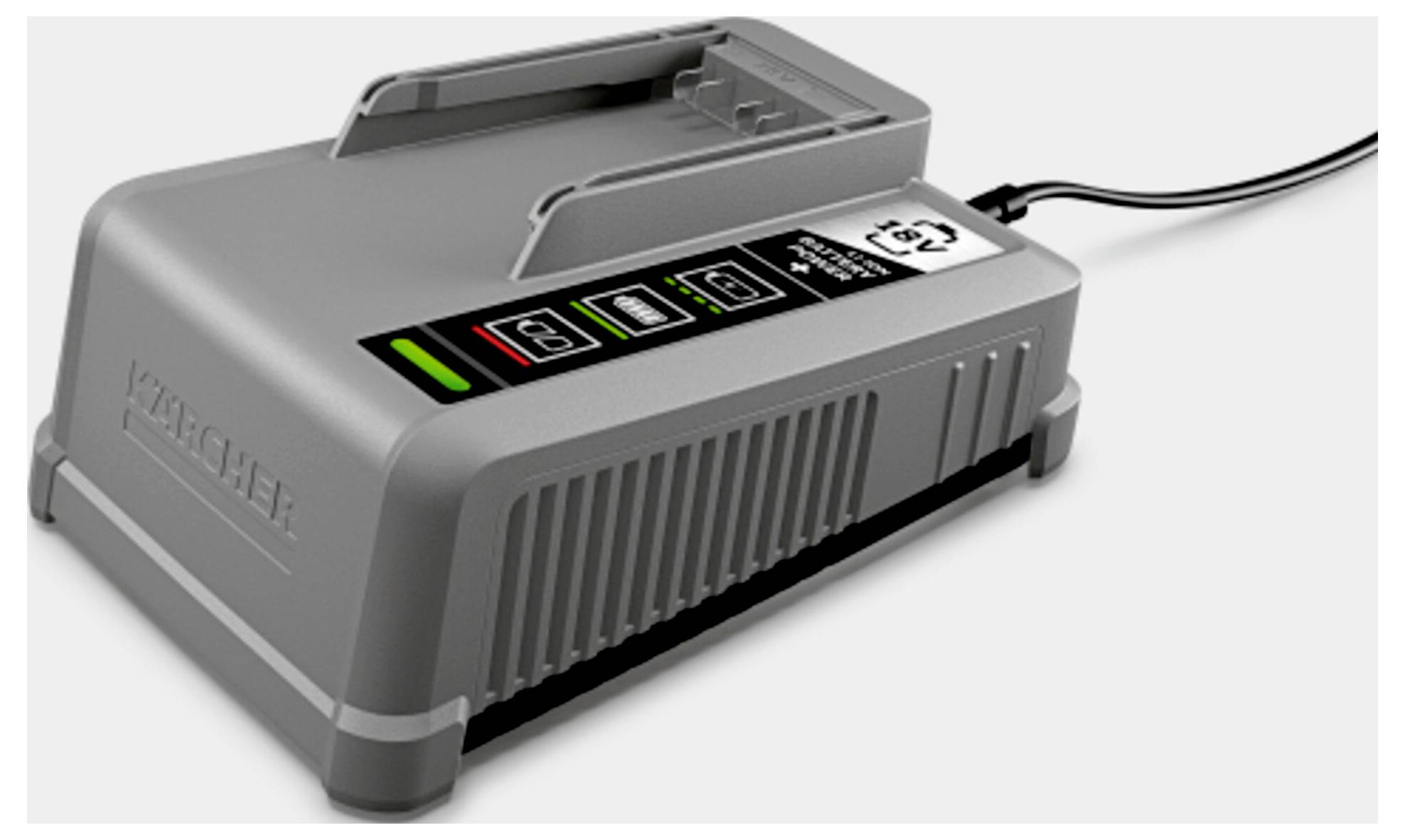 A gray battery charging station with an LED display showing charged status and a plug attached, set against a plain background.