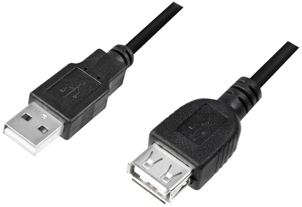 A USB extension cable with a plug on the left and a socket on the right side, set against a white background.