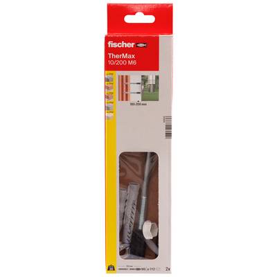Packaging for fischer TherMax 10/200 M6 wall insulation anchor kit, showing 2 anchors and installation parts for 180-200 mm insulation<br>