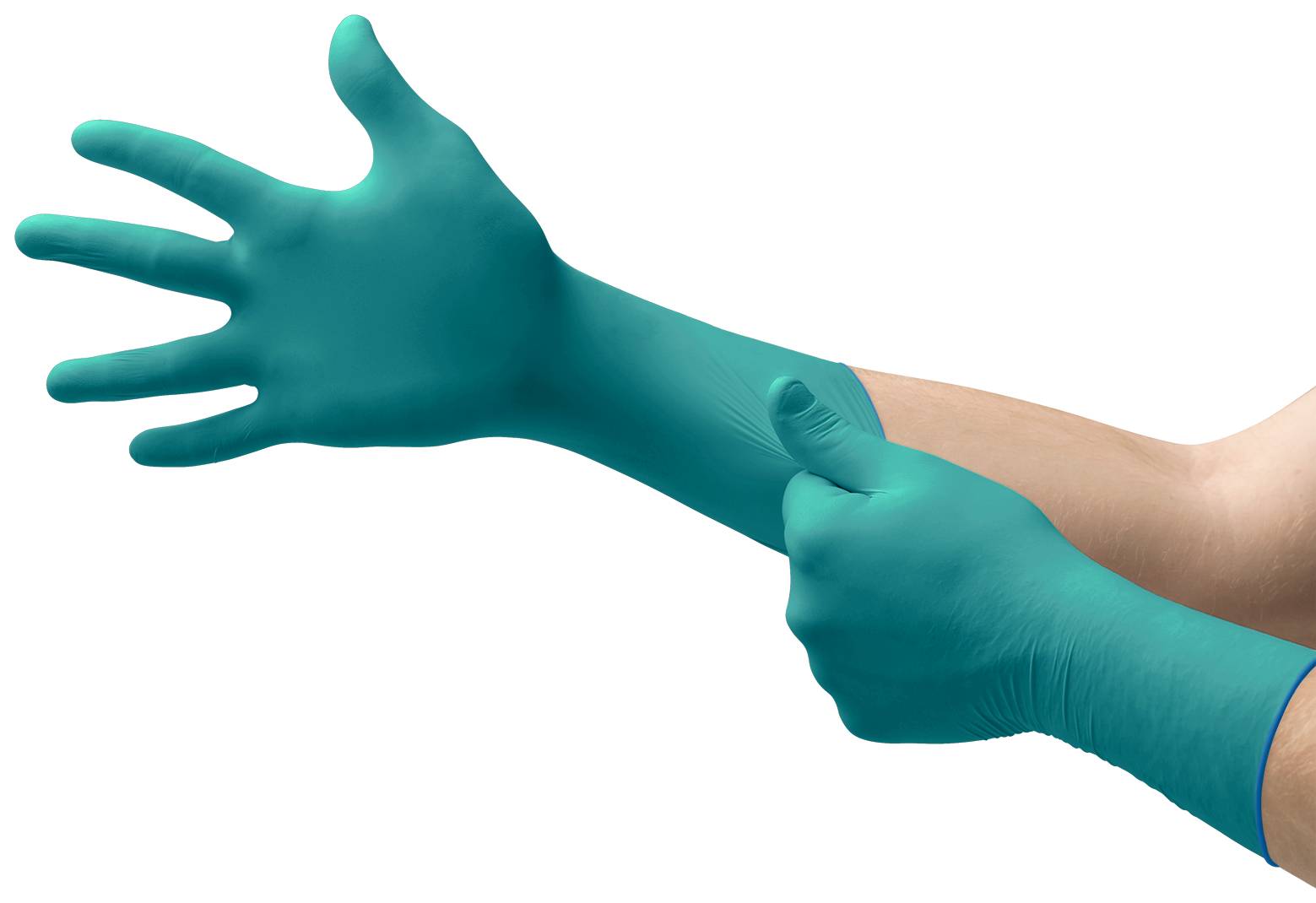 A person is pulling on a turquoise disposable glove over their left hand, ready for protection during a task or experiment.