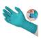 Light blue disposable glove covering a hand. The circular window demonstrates how the glove is pulled over the wrist.
