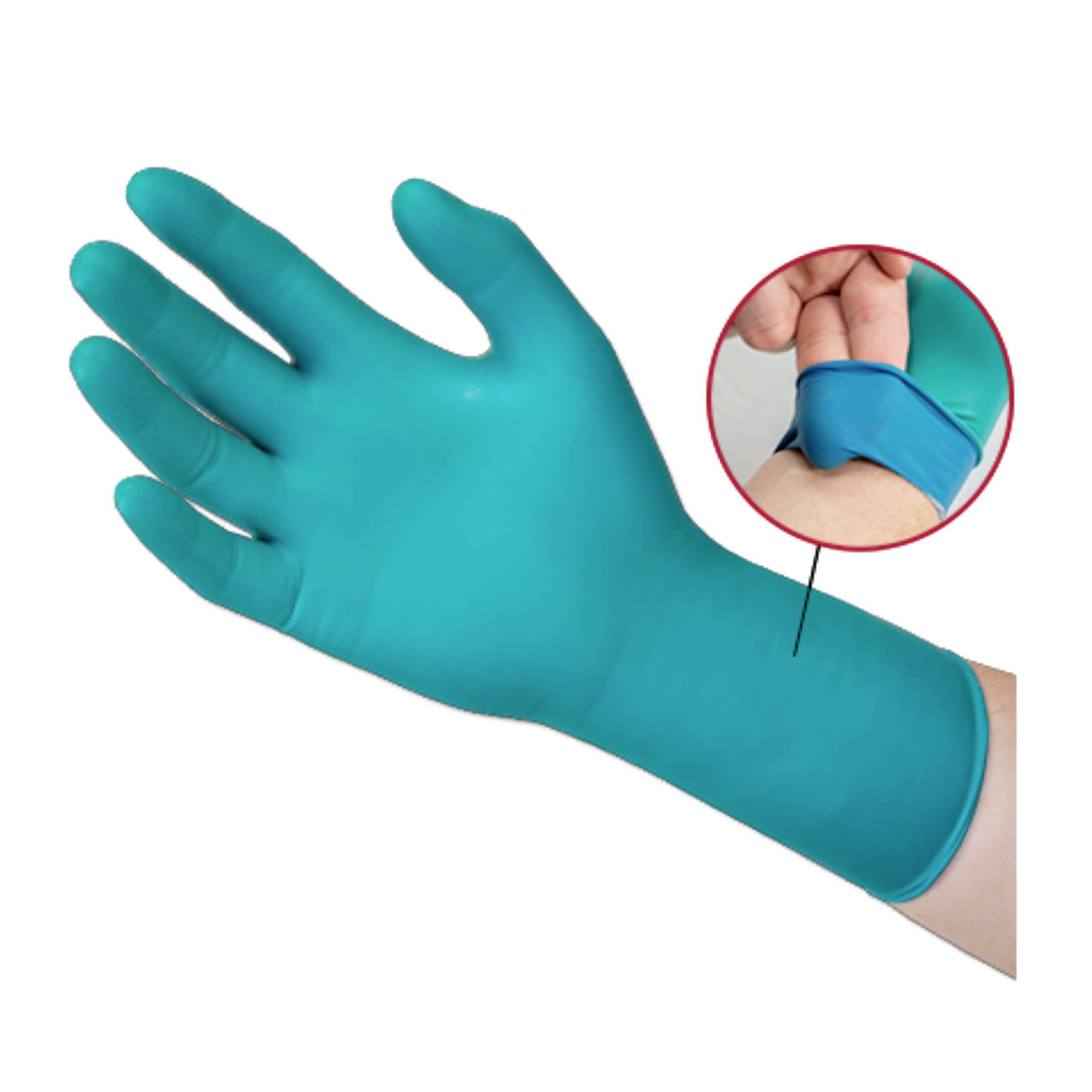 Single blue-green rubber glove stretched over a hand. Small inset shows a detailed view of the material thickness.