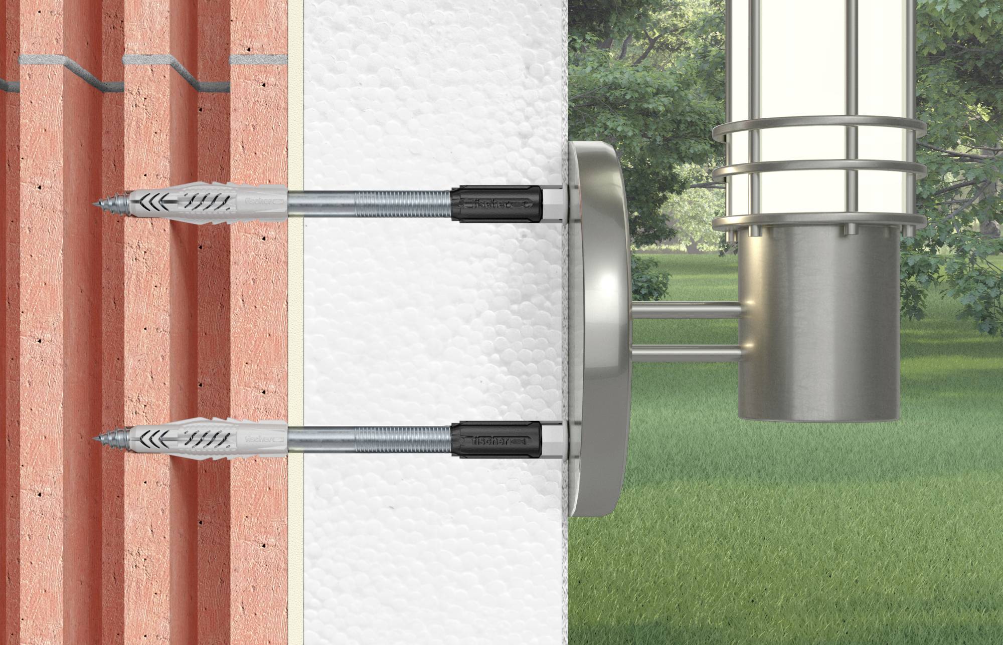 'Installation Diagram for Exterior Light', shows two screws that securely attach a light fitting to a brick wall. Background: Lawn and trees.
