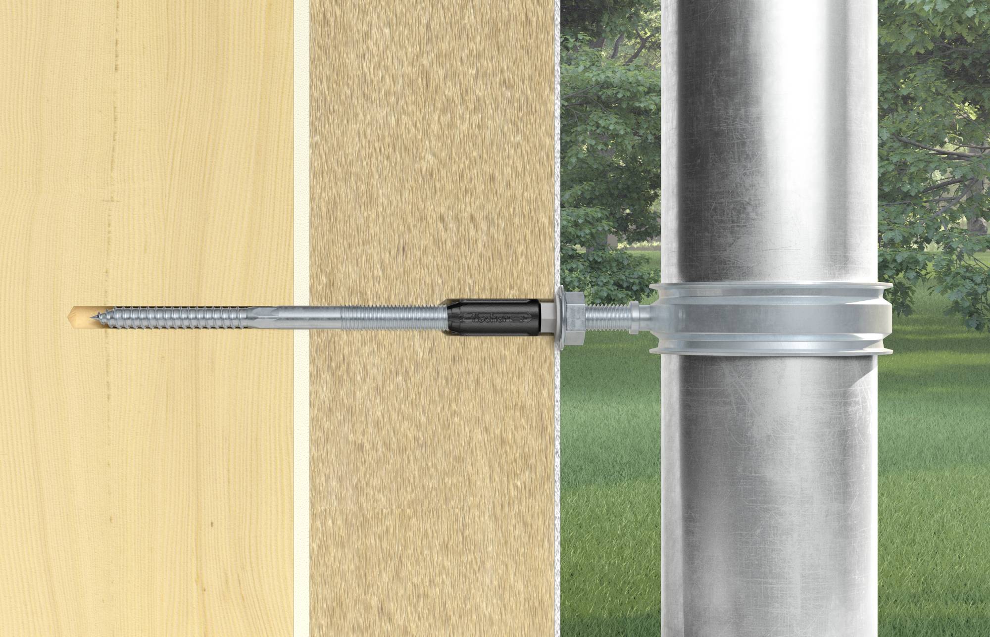 Fixing system in a wall penetration, showing a metal support through wood and insulation with a view of a green environment in the background.