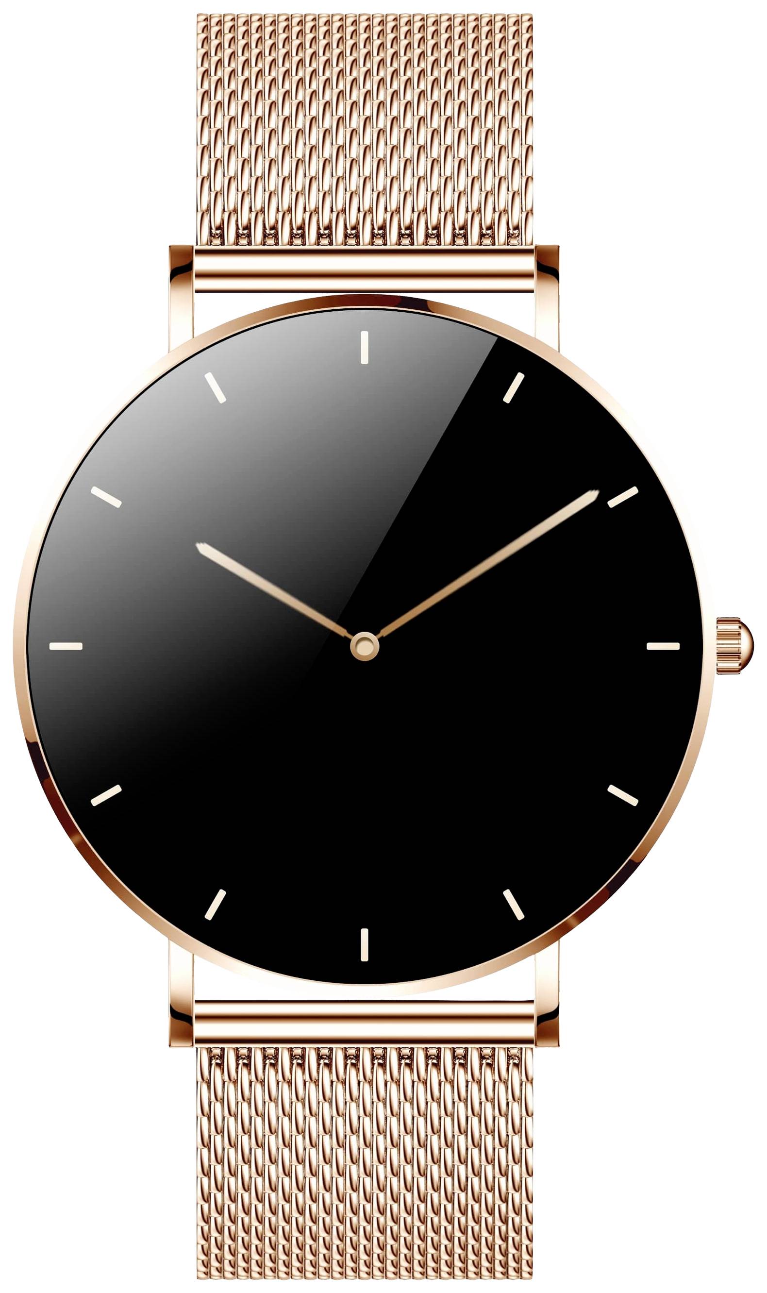 Wristwatch with a black dial and gold metal strap, minimalist design.
