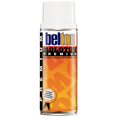 A spray can with the label 'belton MOLOTOW PREMIUM', suitable for urban art. The can is orange and white and has a modern design.