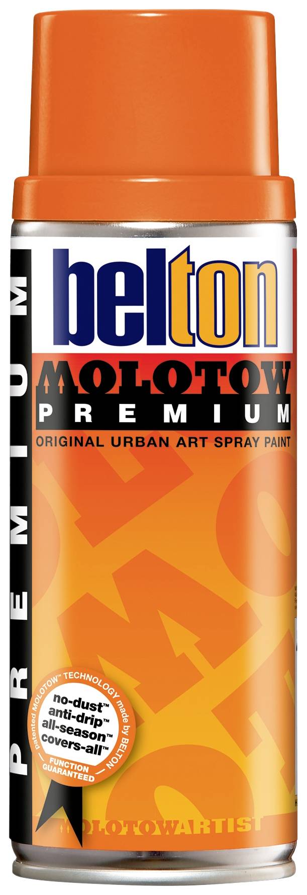 Spray paint can 'Molotow Premium' with an orange lid and urban graffiti design on the packaging.