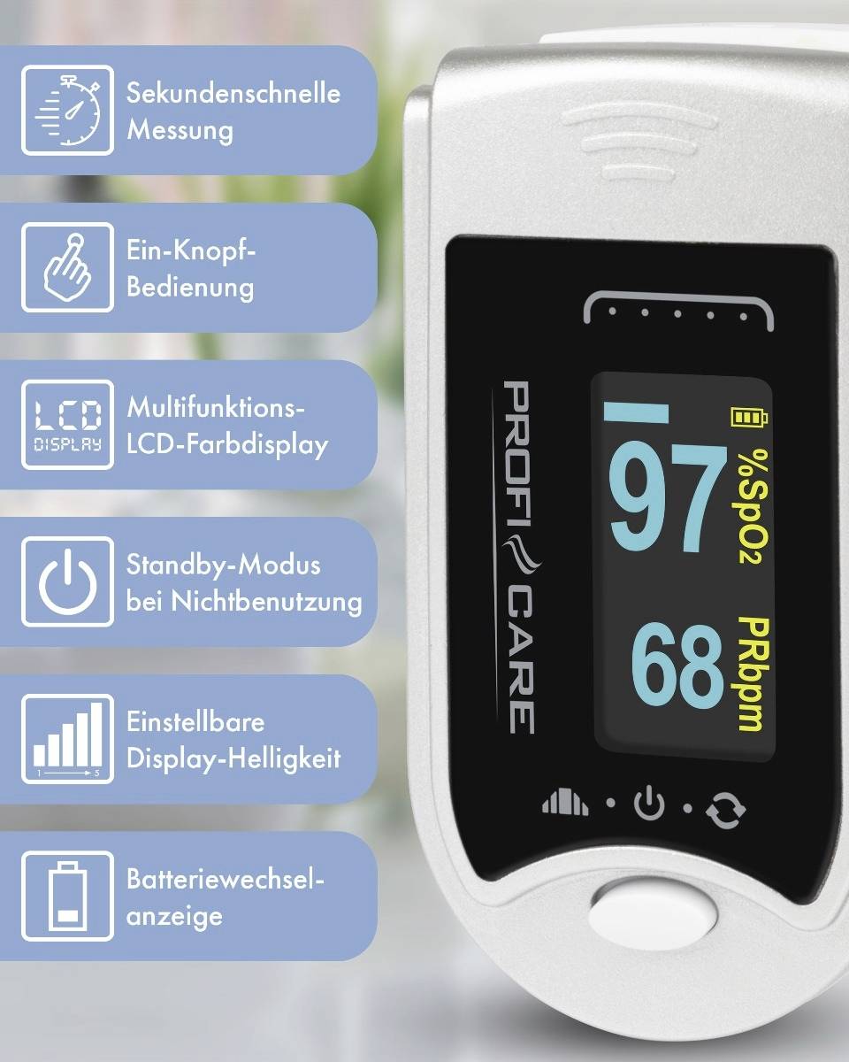 Pulse oximeter with LCD display shows 97% SpO2 and 68 PRbpm. Functions: Instant measurement, one-button operation, standby mode.