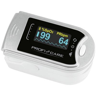 Pulse oximeter with digital display shows oxygen saturation of 99% and pulse rate of 64 beats per minute.