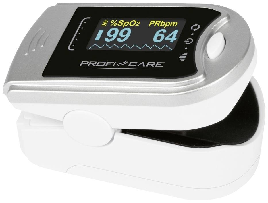 Finger pulse oximeter with display showing '%SpO2' as 99 and 'PRbpm' as 64. Device in silver and white.