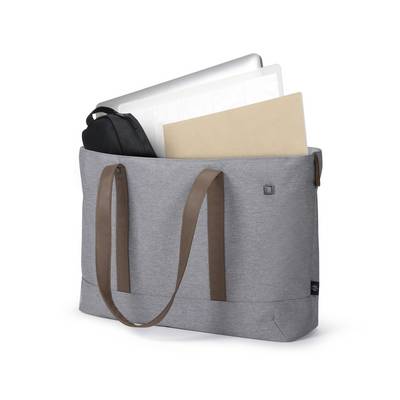 Grey fabric bag with brown straps, containing a laptop, a black case and a brown document.