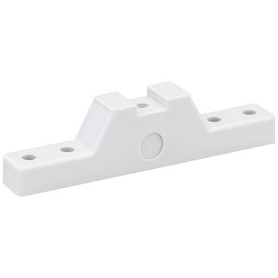 The white plastic holder has a central block with a hole and two outer surfaces, each with two mounting holes.