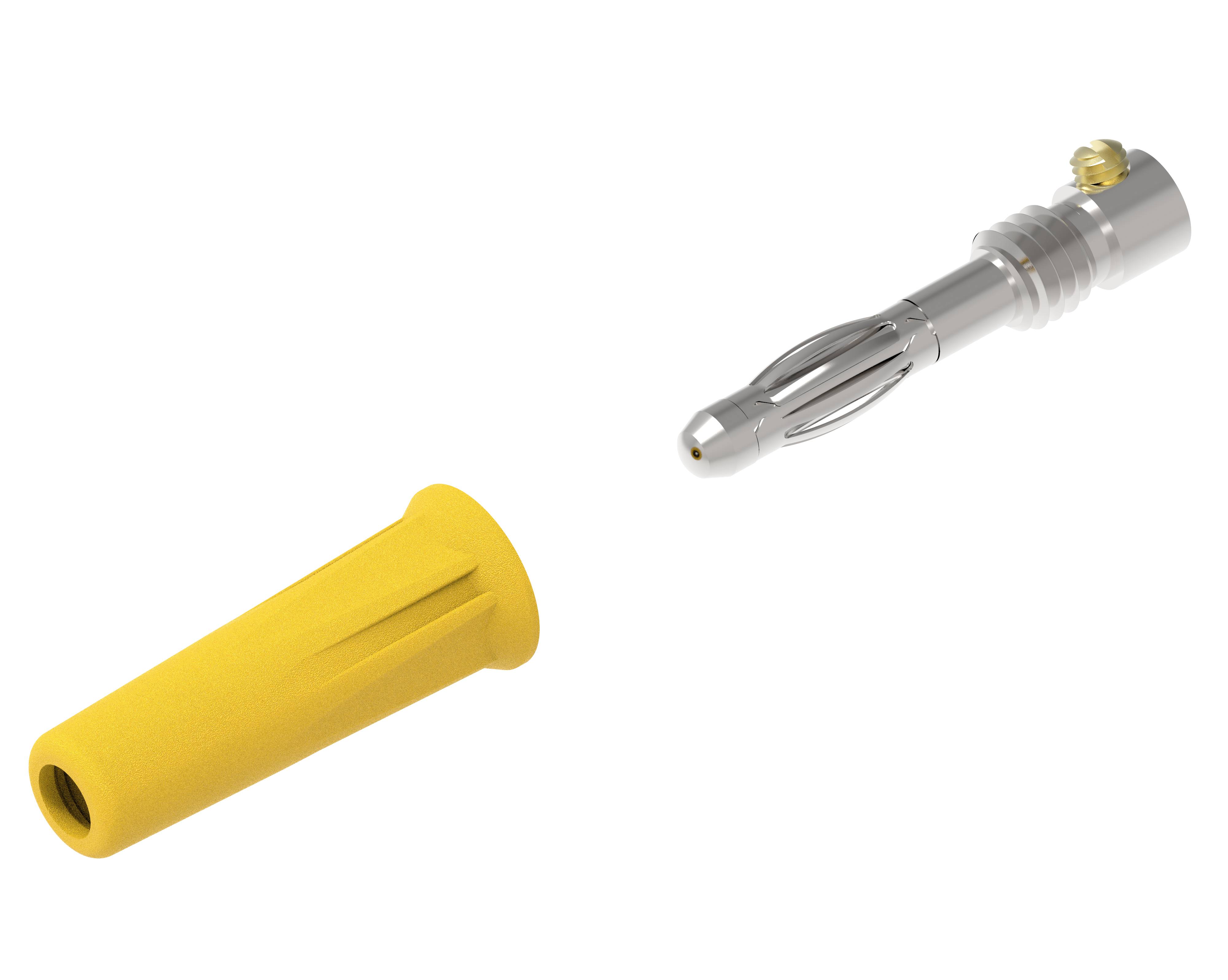 Yellow contact housing and silver plug contact. These components are part of an electrical connector system.